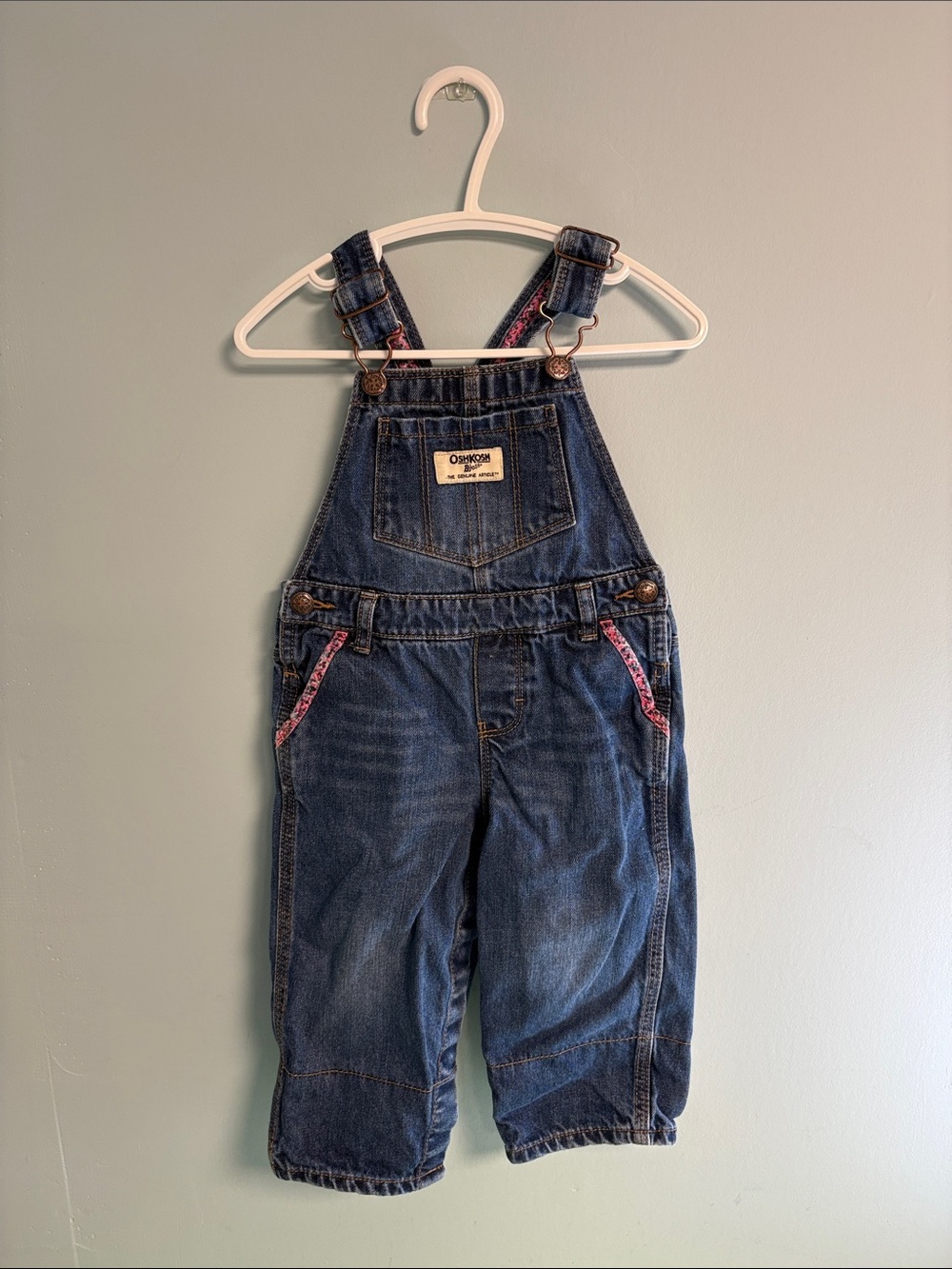 Oshkosh B’gosh Blue Denim Overalls with Pink Floral Pattern, Girl Size 18month